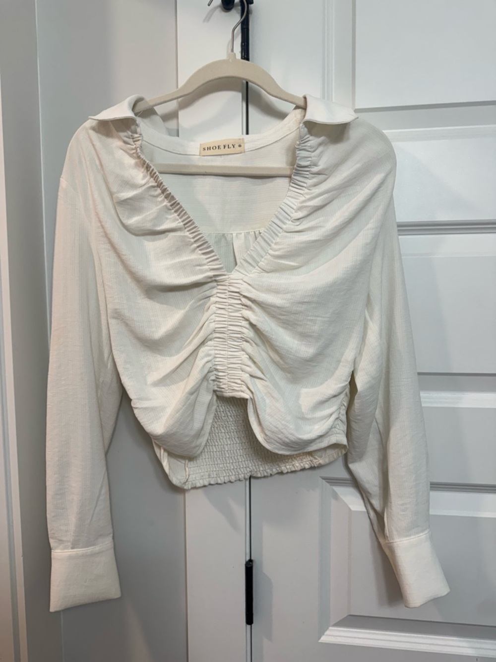 White Ruched V-Neck Long Sleeve Blouse